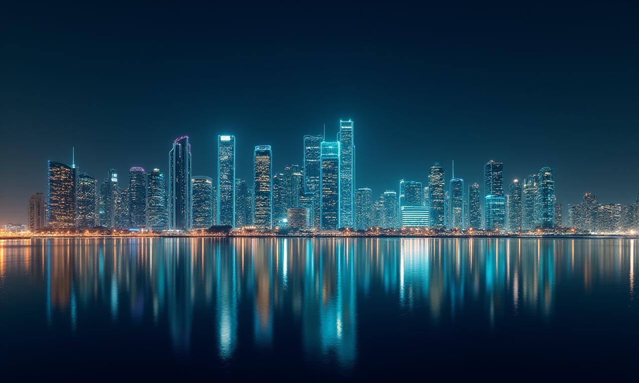Abstract financial data charts superimposed on the Muscat skyline at night.