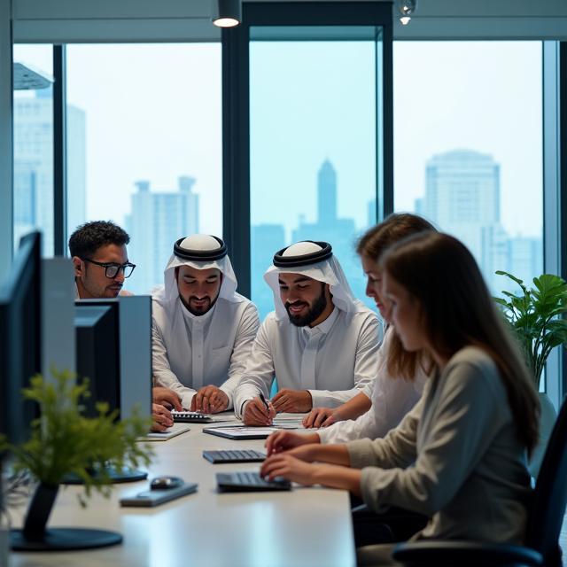 The Taqah Financial Solutions team in a modern office in Muscat.